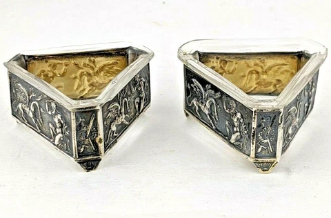 RARE Pair of Germany 800 Silver Salt Cellars HERCULES Fighting Hydra Mythology Cover