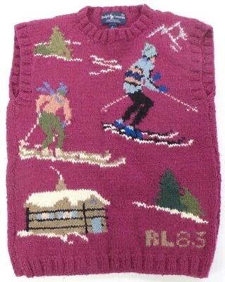 Raro Vintage RALPH LAUREN Cabine de Esquiadores RL83 1983 Colete Suéter Anos 80 Polo Vermelho M - Imagem 1 de 4