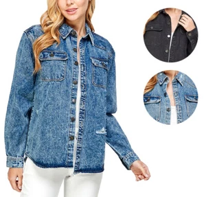 Women's Oversized Cotton Long Sleeve Distressed Denim Jean Button Down Shirt - Picture 1 of 16