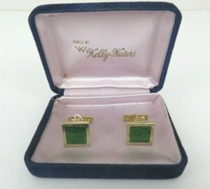 Vintage Kelly Waters Square Green & Gold Cufflinks in the Original Box - Picture 1 of 5