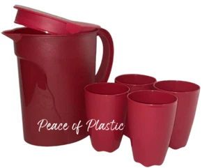New Tupperware Impressions Gallon Pitcher & 4~18 oz Open House Tumblers Red - Picture 1 of 2