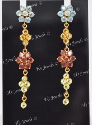 14k Yellow Gold Natural Blue topaz Citrine Garnet Peridot Dangling Earring 2.30c - Image 1 of 4