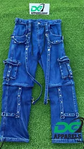 Men Gothic Chains Blue Denim Jeans Pant Punk Metal Stud Baggy Cargo Trousers - Picture 1 of 5