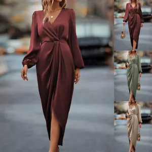 Women Satin Long Sleeve Wrap Maxi Dress Evening Party Cocktail Bodycon Ball Gown - Picture 1 of 23