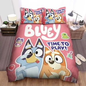 Funny Cartoon Bluey & Bingo Time To Play Full Bedding Duvet Cover Set (4pcs) - Picture 1 of 2