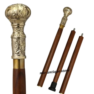 Vintage Walking Stick with Brass Handle Wooden 3 fold Stick Gift for Men & Women - Picture 1 of 5