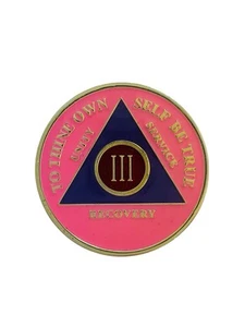 3 Years AA Sobriety Coin Alcoholics Anonymous Recovery Medallion Pink Purple - Picture 1 of 2