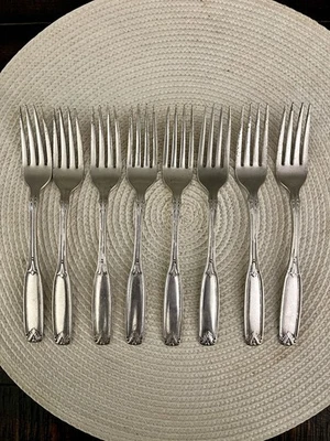 Juego de 8 tenedores de cena Oneida Lasting Rose plateados vintage pulidos limpios Foto 1 de 4