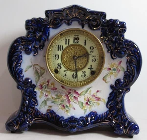 Antiker Waterbury " Nr. 411" Kobaltblau Porzellan Kaminuhr 8 Tage - Bild 1 von 13