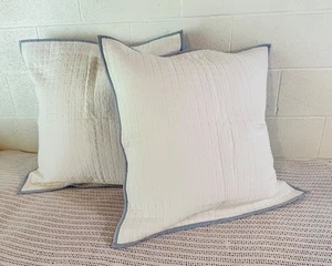 Urban Habitat Quilted Pick Stitch Pair Euro Shams White w/Blue Trim 26" x 26" - Picture 1 of 14