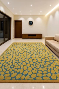 Modern Hand-Tufted Wool Rug | Blue & Mustard Pebble Pattern Carpet - Picture 1 of 6