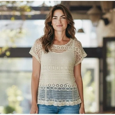 Vintage Y2K Womens Top M Ivory Crochet Lace Open Layer Cottagecore Boho Hippie - Image 1 of 4