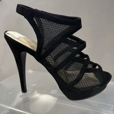 Sandalia Nine West Dare Me Tacones de Aguja Gamuza Negra Punta Abierta Malla Talla 6.5 M Mujer Foto 1 de 4