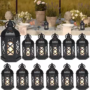 12Pcs Mini Lantern with Flickering LED Candle, Black Decorative Hanging Lanterns - Picture 1 of 16