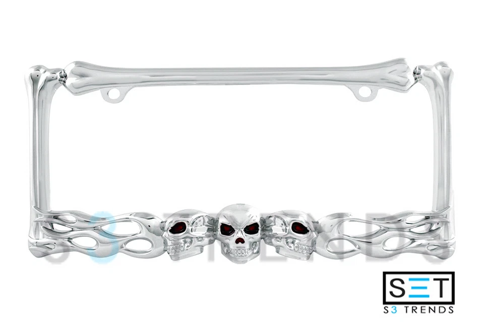 Chrome Metal Flame Fire Skull Bone License Plate Tag Frame Holder Car Truck SUV  - Image 1 of 1