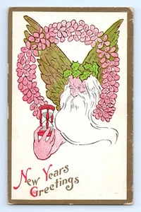c1910 Postcard Happy New Year Greetings Father Time Long Beard Hourglass Flowers - Imagen 1 de 2