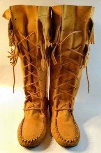 HIAWATHA BASTIEN MOCCASINS KNEE HIGH SIZE 8 WOMAN FRINGE CANADA SHOES NEW TAGS - Picture 1 of 13