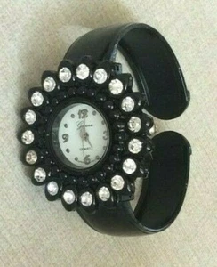 Geneva Women's Black Bangle Watch Crystal Flower Designed Round White Dial New! - Picture 1 of 2