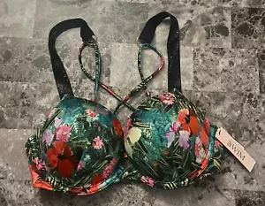 NWT VICTORIA'S SECRET 32C FLORAL BLACK SHINE STRAP BOMBSHELL PUSH UP BIKINI TOP - Picture 1 of 5