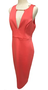 ASOS Womens Sz 14Au Bodycon Dress | Sleeveless Plunge Neckline Coral Orange NWT - Picture 1 of 9