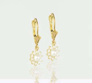 14k Yellow Gold White Freshwater Pearl Flower CZ Dangle Earrings - Picture 1 of 2