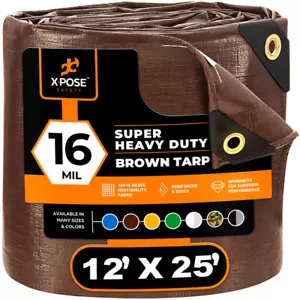12' x 25' Super Heavy Duty 16 Mil Brown Poly Tarp Cover - Thick Waterproof - Picture 1 of 8