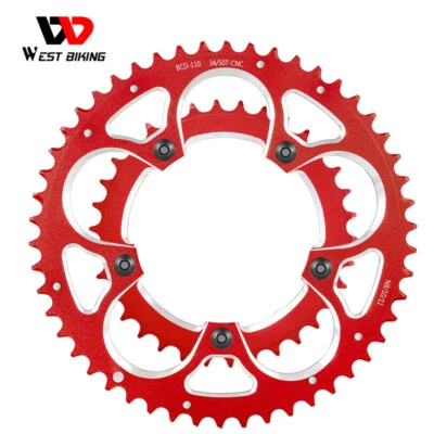 WEST BIKING Road Bike Chainring 110BCD 34T/50T Tooth Plate 8/9/10/11 Speed Red - Image 1 of 4