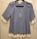 Kori Blue V Neck Shirt Top Blouse Lace Sleeve/Hem Small Guc