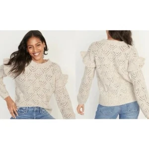 Old Navy Ruffle Sleeve Chunky Knit Oatmeal Sweater size Medium M 742590 - Picture 1 of 9
