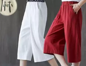 Straight Leg Wide Capri Pants Women Cotton Linen Blend Breathable Trousers New - Picture 1 of 14