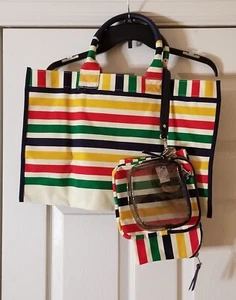 4 Piece Large Canvas Tote Bag Striped Rainbow Colors - Picture 1 of 6