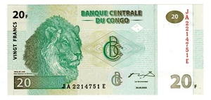 CONGO AFRIQUE Billet 20 FRANCS 2003 LION TIGRE Neuf UNC - Imagen 1 de 1