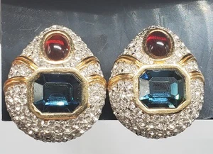 CINER Jewels Of India Moghul Ruby Sapphire Glass Rhinestone Earrings Signed - Picture 1 of 11