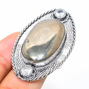 Pirita Ágata, Blanco Piedra Topacio 925 Plata de Ley Joyería Anillo Tamaño 8 - Imagen 1 de 5