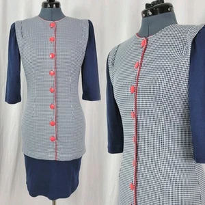 Vintage Britland Blue & White Houndstooth Sheath Dress w Red Button Down Size 5 - Picture 1 of 21