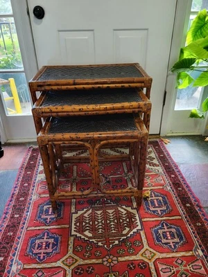 Vtg Tiger Bamboo Rattan 3 Nesting Tables Hollywood Regency Traditional - Image 1 of 4