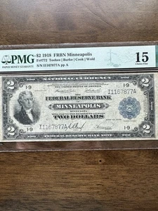 1918 $2 "BATTLESHIP" PMG 15 FR. 772 MINNEAPOLIS FEDERAL RESERVE BANKNOTE SCARCE! - Picture 1 of 2