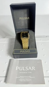 Pulsar Men's Quartz Gold Tone Black Dial Date Dress Bracelet Watch -TESTED - Picture 1 of 5