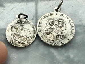 Vintage Catholic Medallions S Cristophorus Petrus Paulus Roma Lot Of 2 - Picture 1 of 6