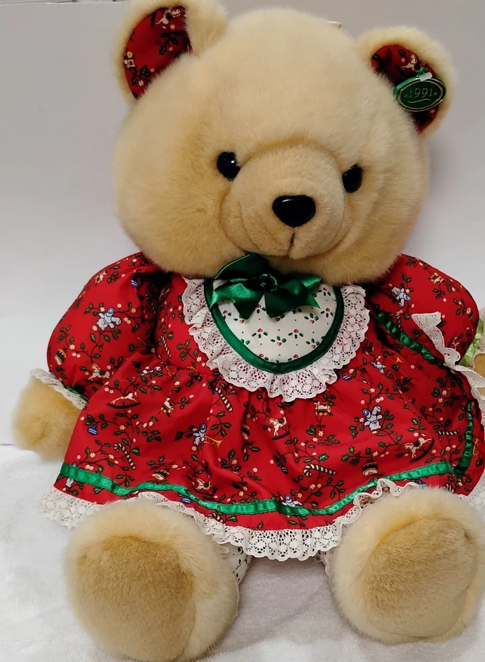 Kmart Christmas Girl Teddy Tan Bear 22" Plush Stuffed Animal 1986 PUFFY NOS