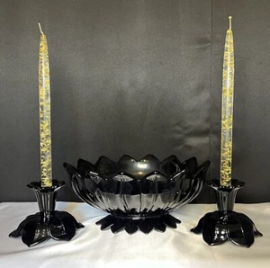 VTG Westmoreland Black Glass Lotus Footed Oval Bowl with matching Candlesticks - Picture 1 of 16