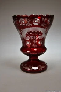 4Q 1800s RUBY CUT TO CLEAR Bohemian VASE w/ Cartouche, Bird & Church Wheel Cut - Picture 1 of 12