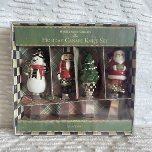 Mackenzie Childs HOLIDAY CANAPE KNIFE (Set of 4) Courtly Check/Stripe Tartan NEW - Picture 1 of 6