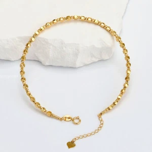 Pure 18K Yellow Gold Chain Women Lucky Beads Chain Wheat Link Bracelet - Picture 1 of 17