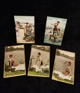 Antique Postcards Printed In Germany Set Of 5 Babes In Bathing Suits UNUSED - Picture 1 of 12