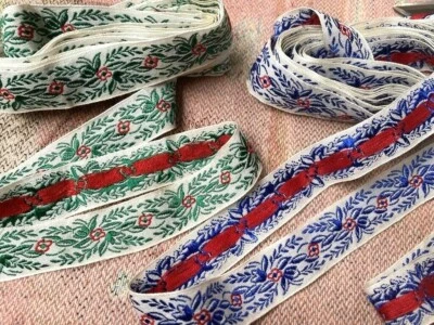 Embroidered Dainty Trim 1930s Ribbon Silk Rayon 7/8" Flowers 1yd France - Image 1 of 3
