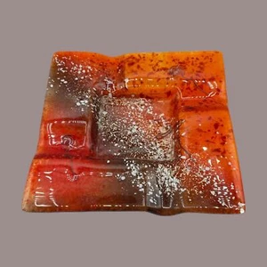 Vintage MCM Orange Fused Glass Sunburst Ashtray Decor - Foto 1 di 9