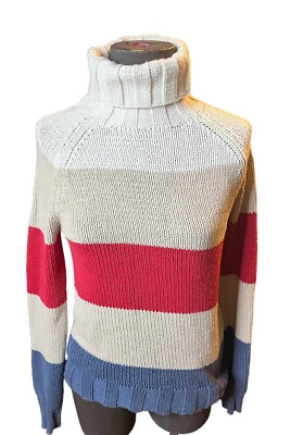Tommy Hilfiger Jeans Mujer Pequeño Cuello Alto Suéter Marfil Rojo Azul Rayas Foto 1 de 3
