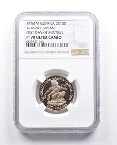 PF70 UCAM 1976 FM Guyana 100 Dollars Gold Arawak Indian FDOM NGC *6586 - Picture 1 of 3