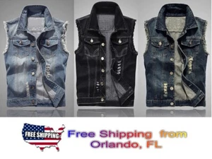 Men Ripped Fashion Thick Denim Sleeveless Vest Destroyed Biker Motorcycle Jacket - Picture 1 of 15